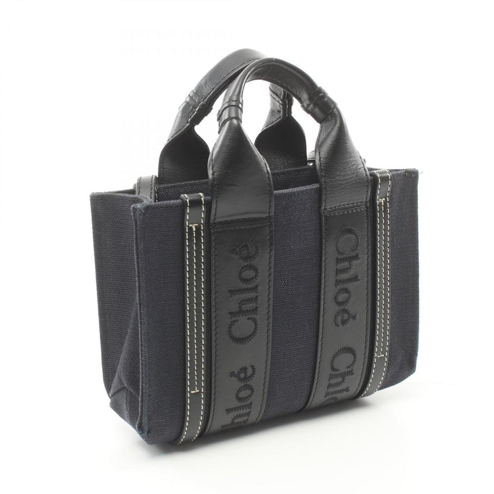 Chloé Chloe WOODY Handbag Canvas Leather Women's Navy Black - Picture 3 of 9